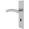 A modern lever handle door lockset in a brushed silver finish, featuring a curved lever and a vertical backplate with a keyhole cutout, shown against a plain white background.