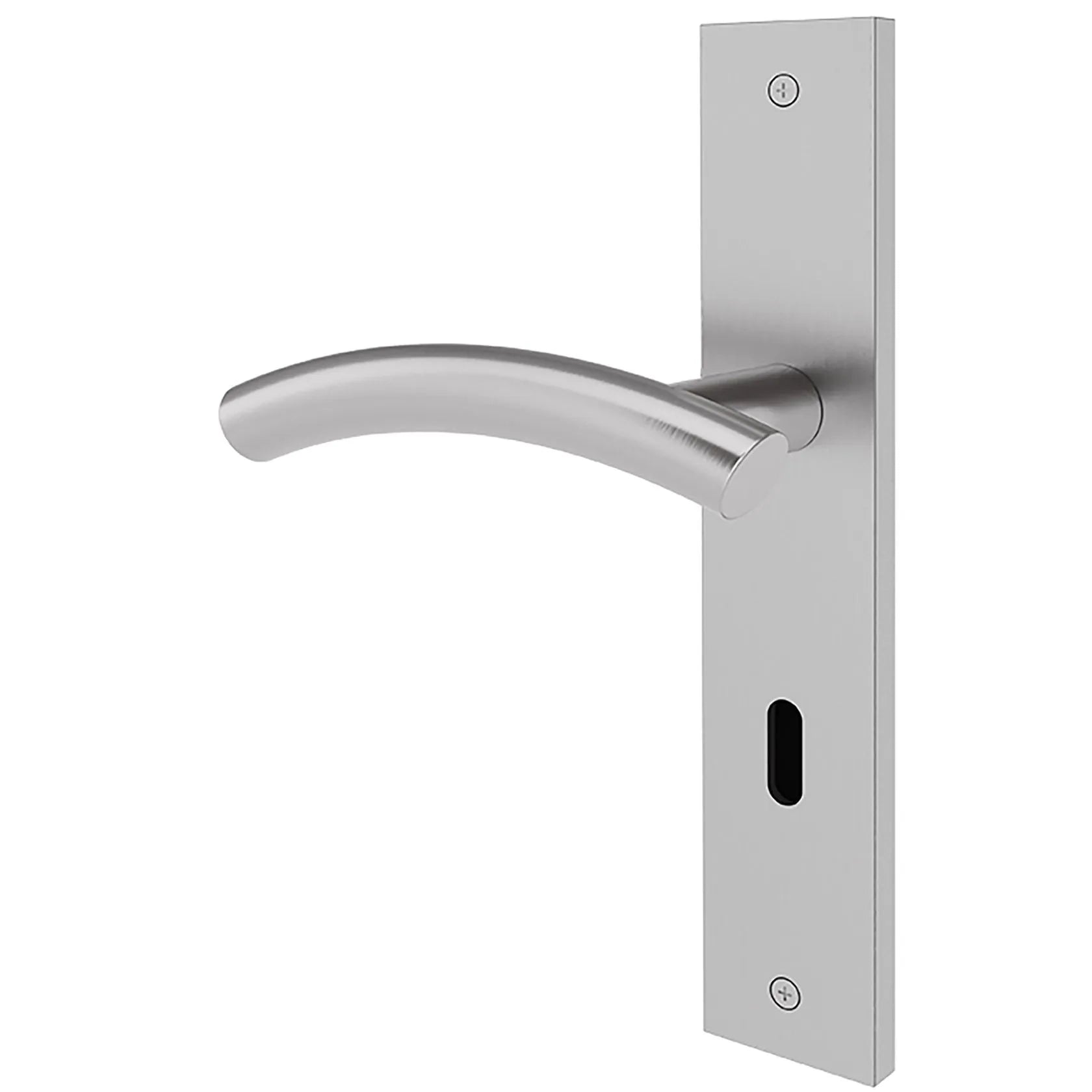 A modern lever handle door lockset in a brushed silver finish, featuring a curved lever and a vertical backplate with a keyhole cutout, shown against a plain white background.