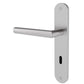 A modern lever handle door lockset in a satin silver finish, featuring a vertical backplate with a keyhole cutout and a horizontal lever arm, shown against a plain white background.
