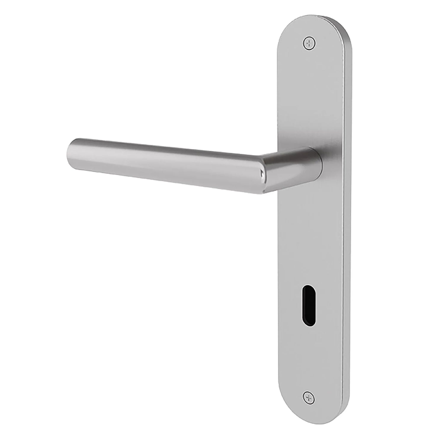 A modern lever handle door lockset in a satin silver finish, featuring a vertical backplate with a keyhole cutout and a horizontal lever arm, shown against a plain white background.