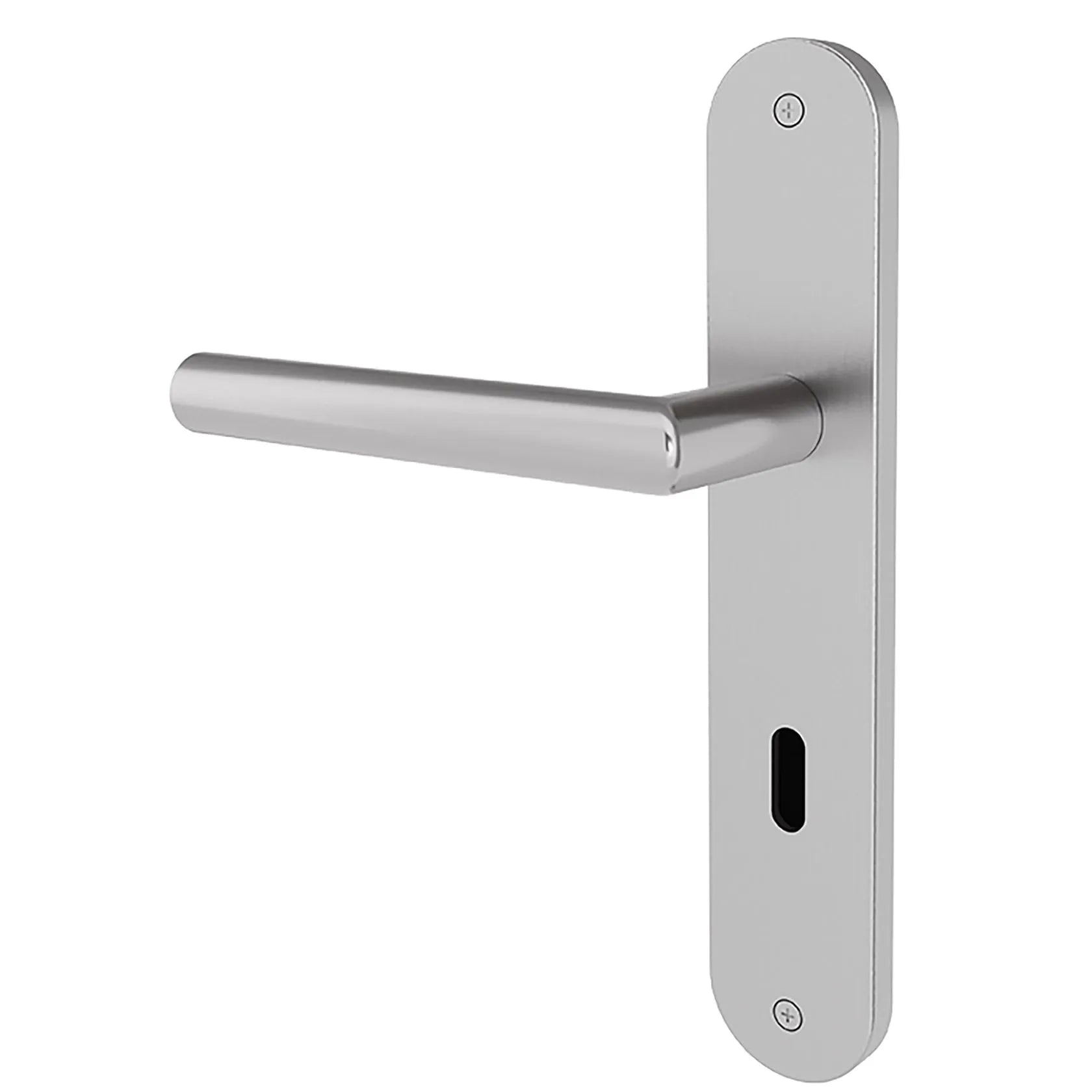 A modern lever handle door lockset in a satin silver finish, featuring a vertical backplate with a keyhole cutout and a horizontal lever arm, shown against a plain white background.