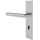 A modern lever handle door lockset in a brushed silver finish, featuring a slim horizontal lever and a flat rectangular backplate with a keyhole cutout, shown against a plain white background.