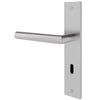 A modern lever handle door lockset in a brushed silver finish, featuring a slim horizontal lever and a flat rectangular backplate with a keyhole cutout, shown against a plain white background.
