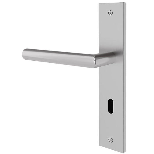 A modern lever handle door lockset in a brushed silver finish, featuring a slim horizontal lever and a flat rectangular backplate with a keyhole cutout, shown against a plain white background.