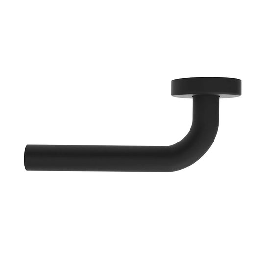 Matte black metal wall-mounted toilet paper holder with a curved arm and circular mounting plate, shown on a plain white background.