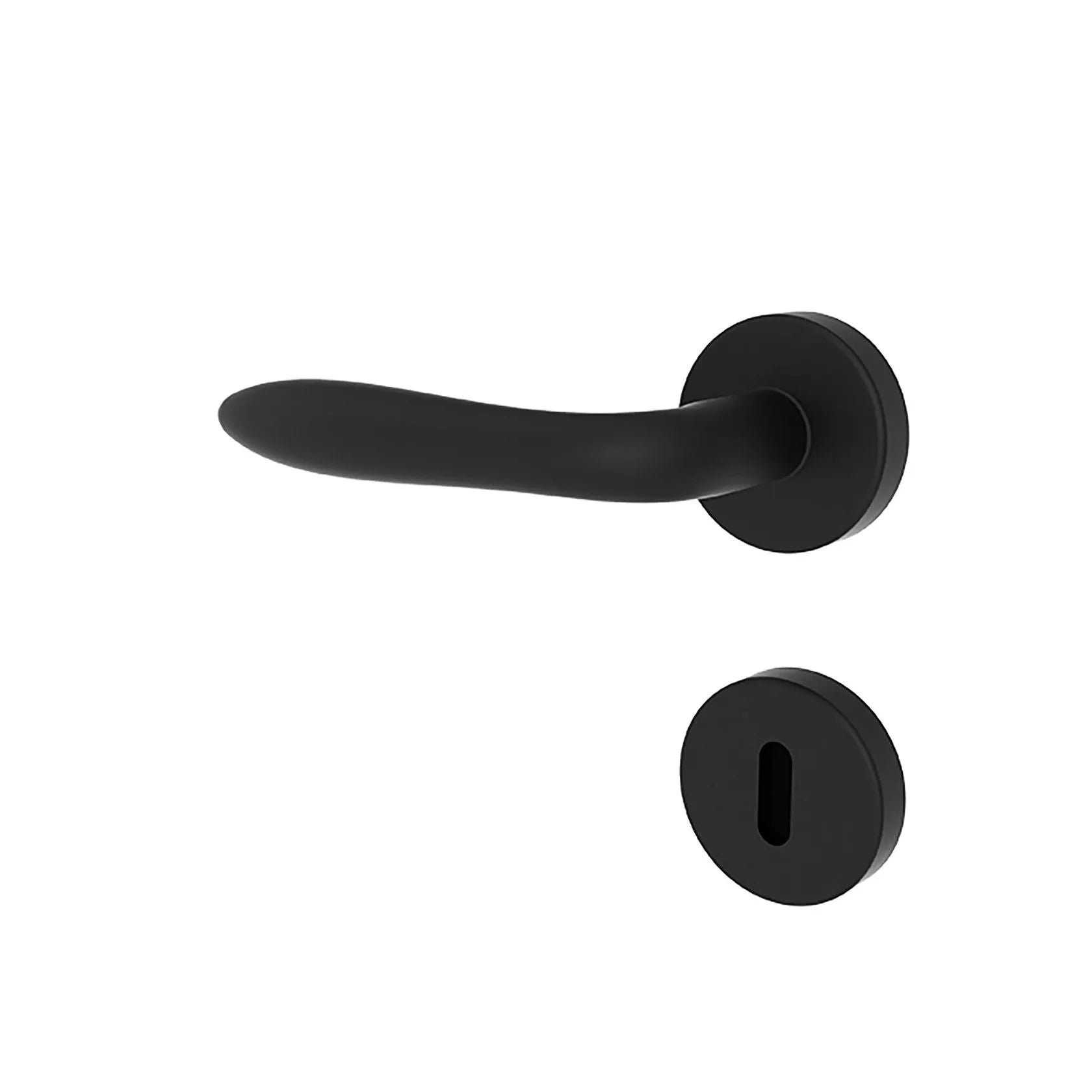 Matte black lever handle and matching round backplate on a plain white background.