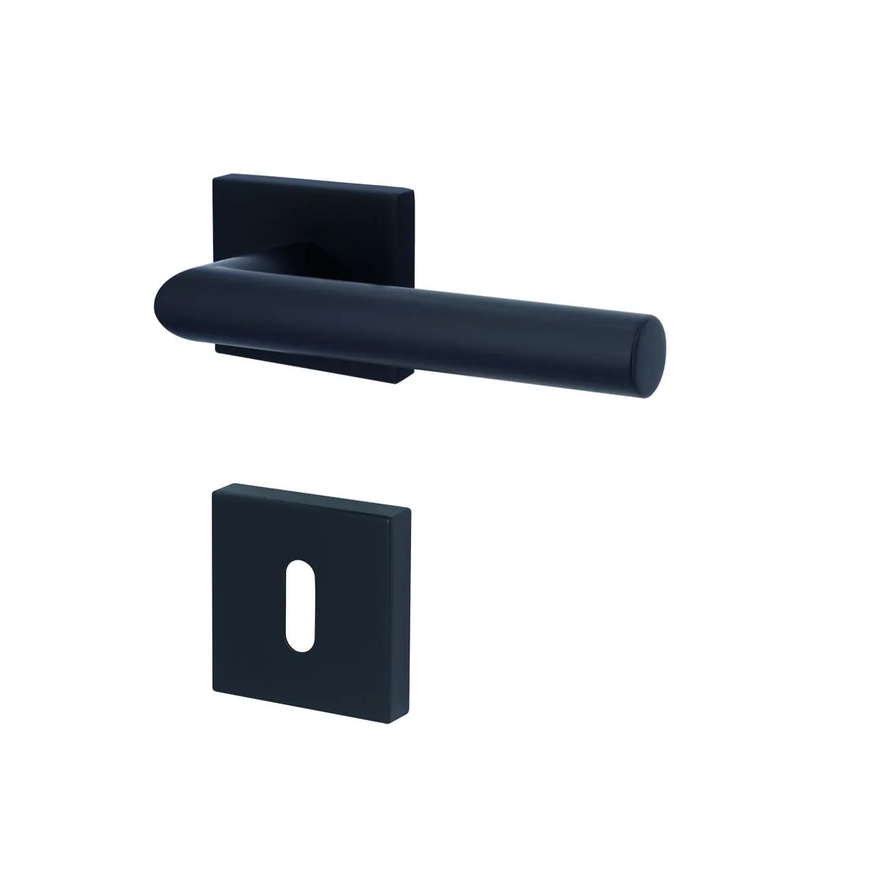 Matte black modern door handle set with a cylindrical lever and square backplate, shown on a plain white background.