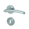 A modern lever-style door handle set in a brushed silver finish, shown with the round backplate and matching keyhole cover plate on a plain white background.