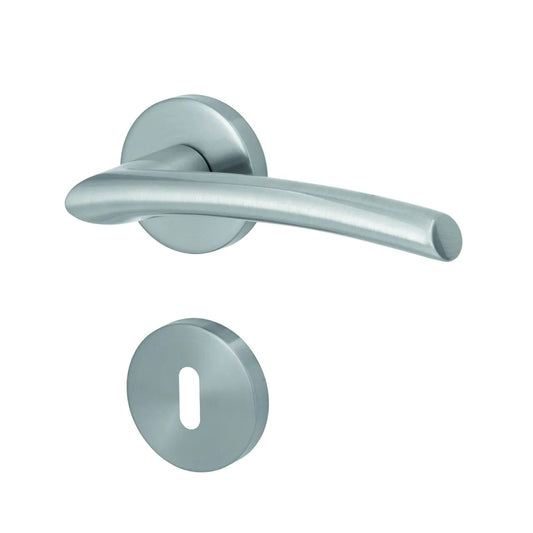 A modern lever-style door handle set in a brushed silver finish, shown with the round backplate and matching keyhole cover plate on a plain white background.