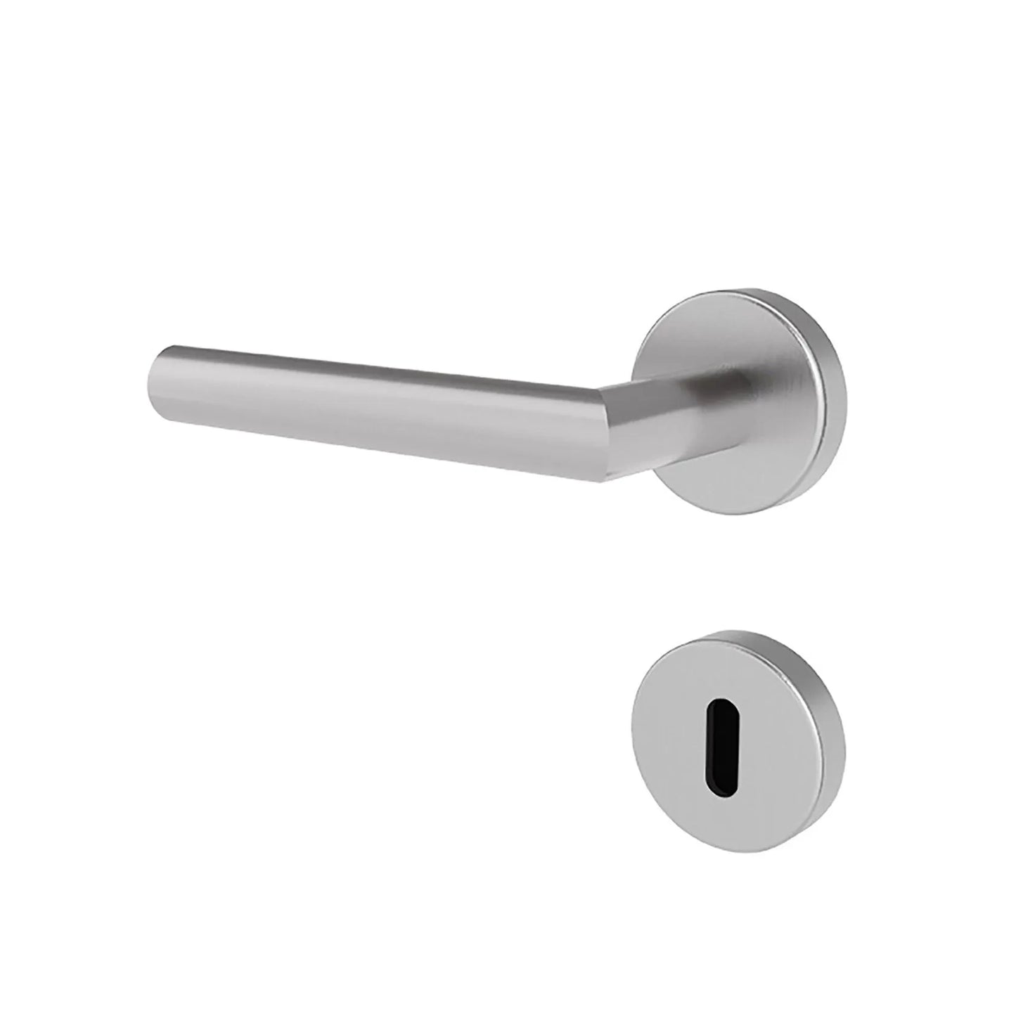 A modern satin chrome lever door handle with a matching round backplate and a separate round keyhole cover, shown on a plain white background.