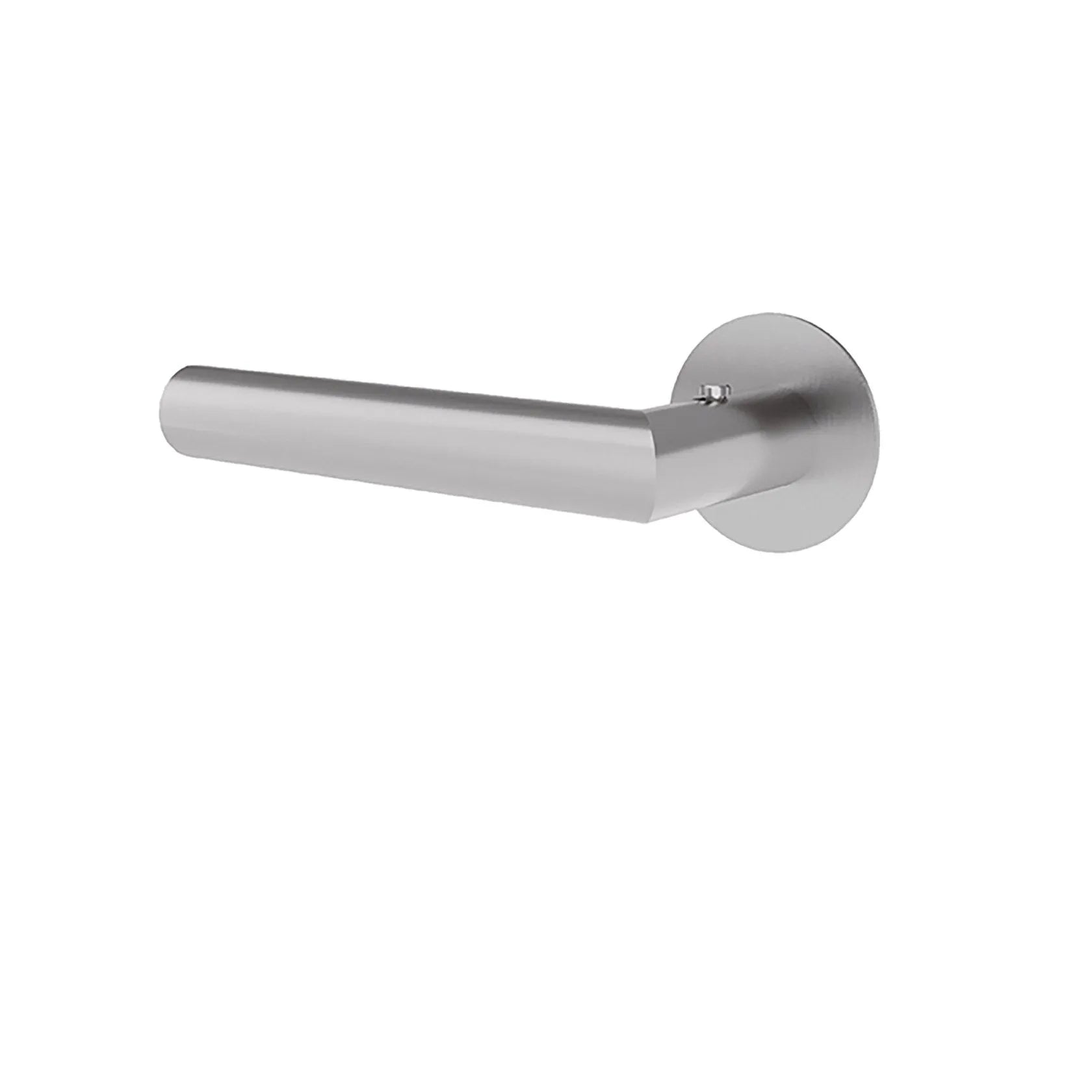A modern matte silver door handle with a circular wall mount, shown against a plain white background.