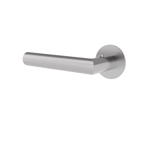 A modern matte silver door handle with a circular wall mount, shown against a plain white background.