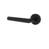 Matte black modern door handle with a round wall mount on a plain white background.