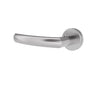 A modern door lever handle with a brushed satin finish, featuring a curved grip and a round backplate, shown against a plain white background.