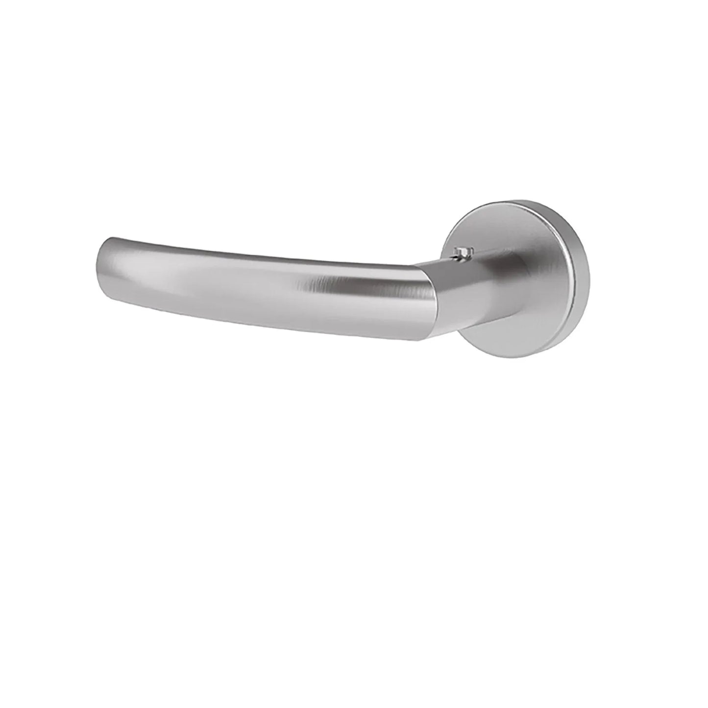 A modern door lever handle with a brushed satin finish, featuring a curved grip and a round backplate, shown against a plain white background.