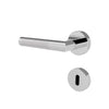 A modern chrome lever door handle with a matching round keyhole cover plate, shown on a plain white background.