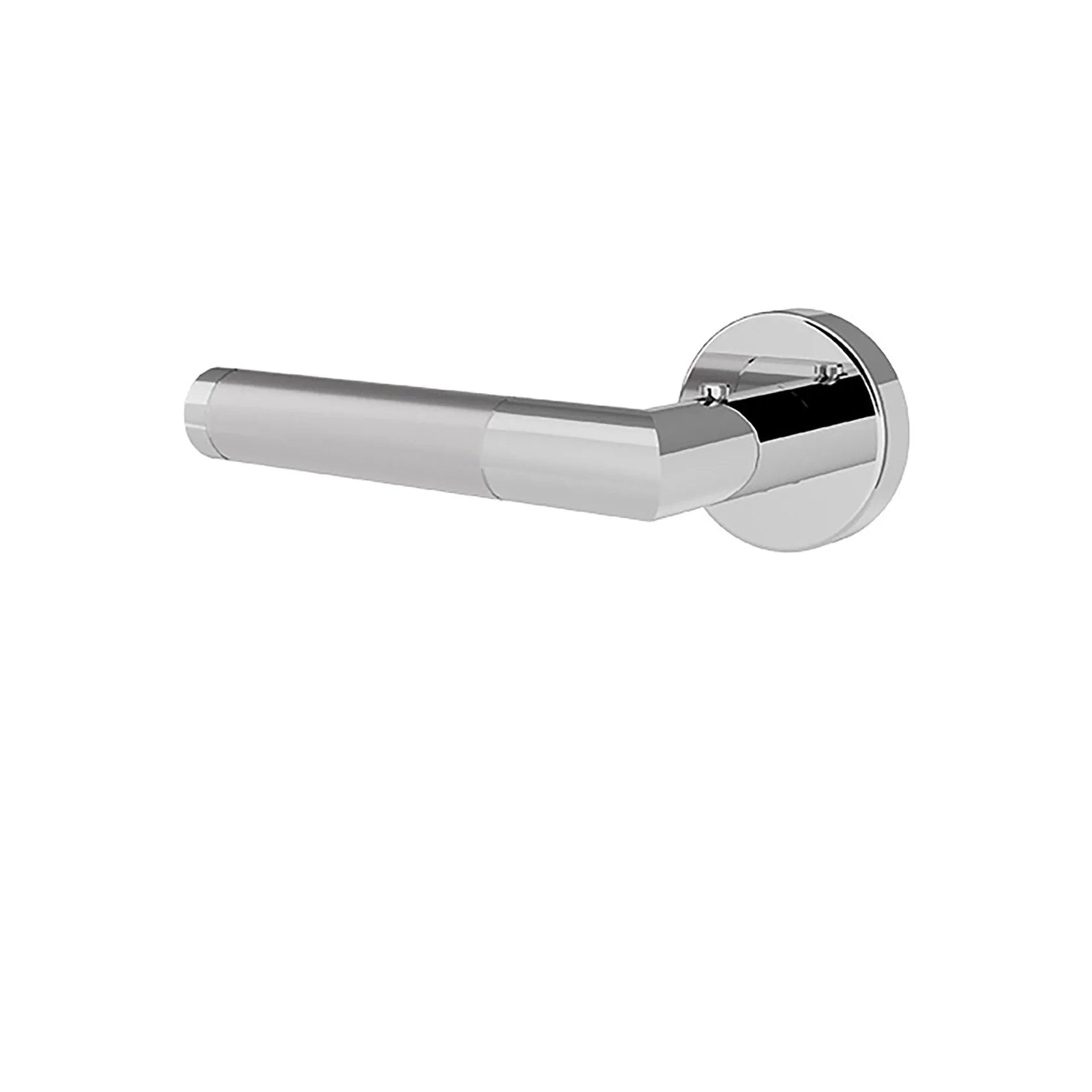 A modern wall-mounted bathroom towel bar with a polished chrome finish, featuring a sleek horizontal bar and a round backplate on a solid white background.
