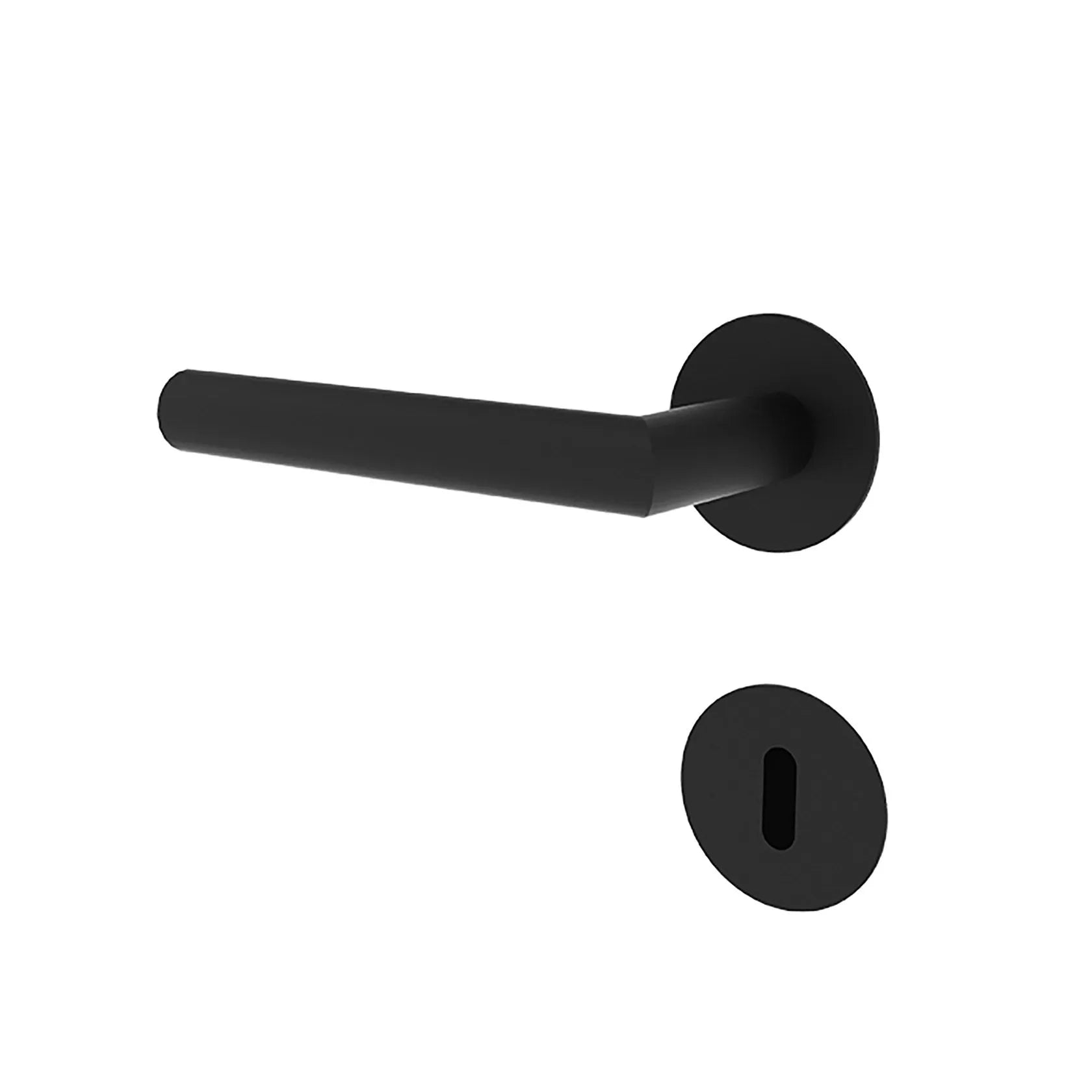 Matte black lever door handle with a matching round backplate and keyhole cover, shown on a plain white background.
