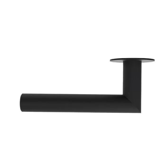 A matte black metal wall-mounted shelf bracket with a horizontal arm and a circular flat backplate, shown against a plain white background.