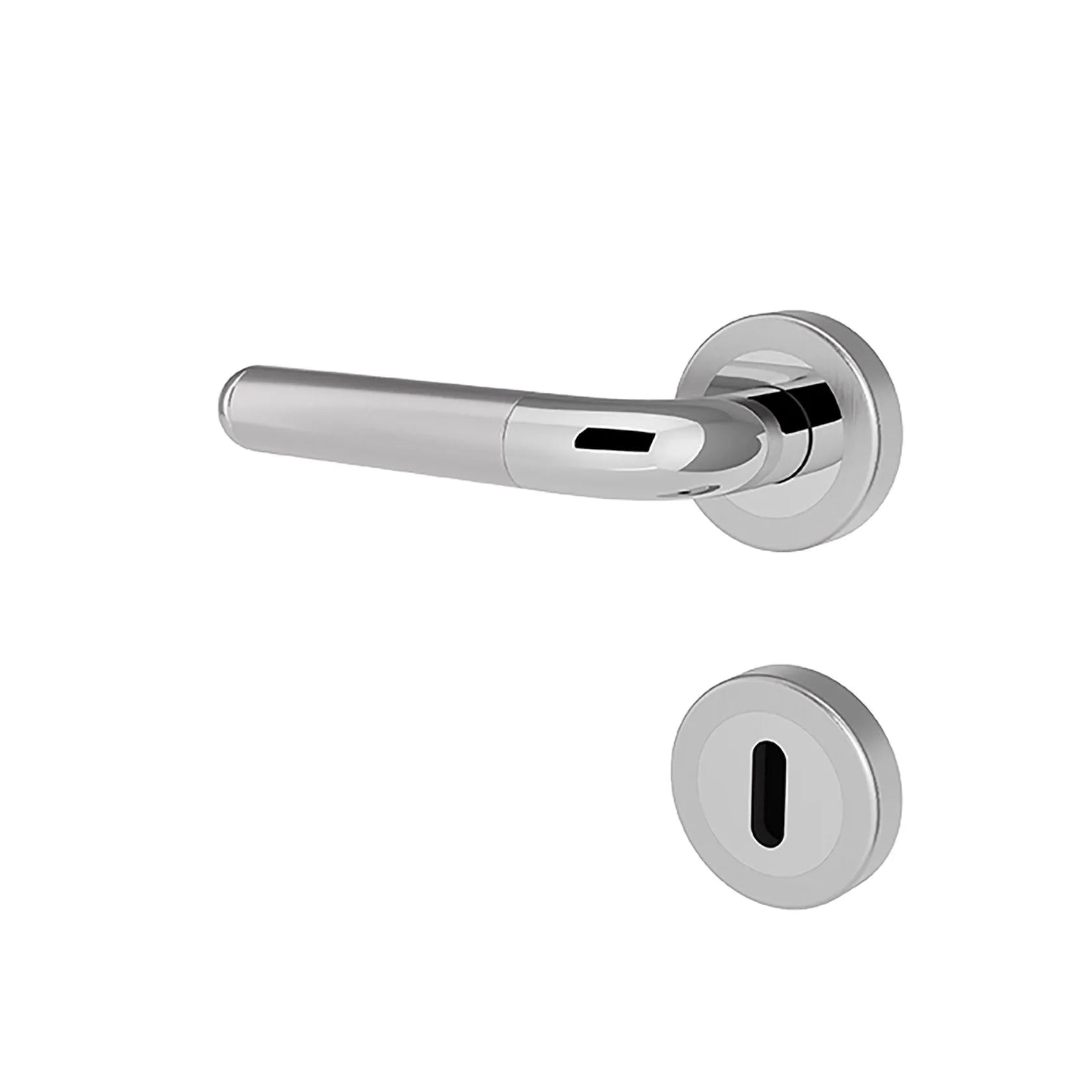 Stainless steel door handle and lockset on a white background