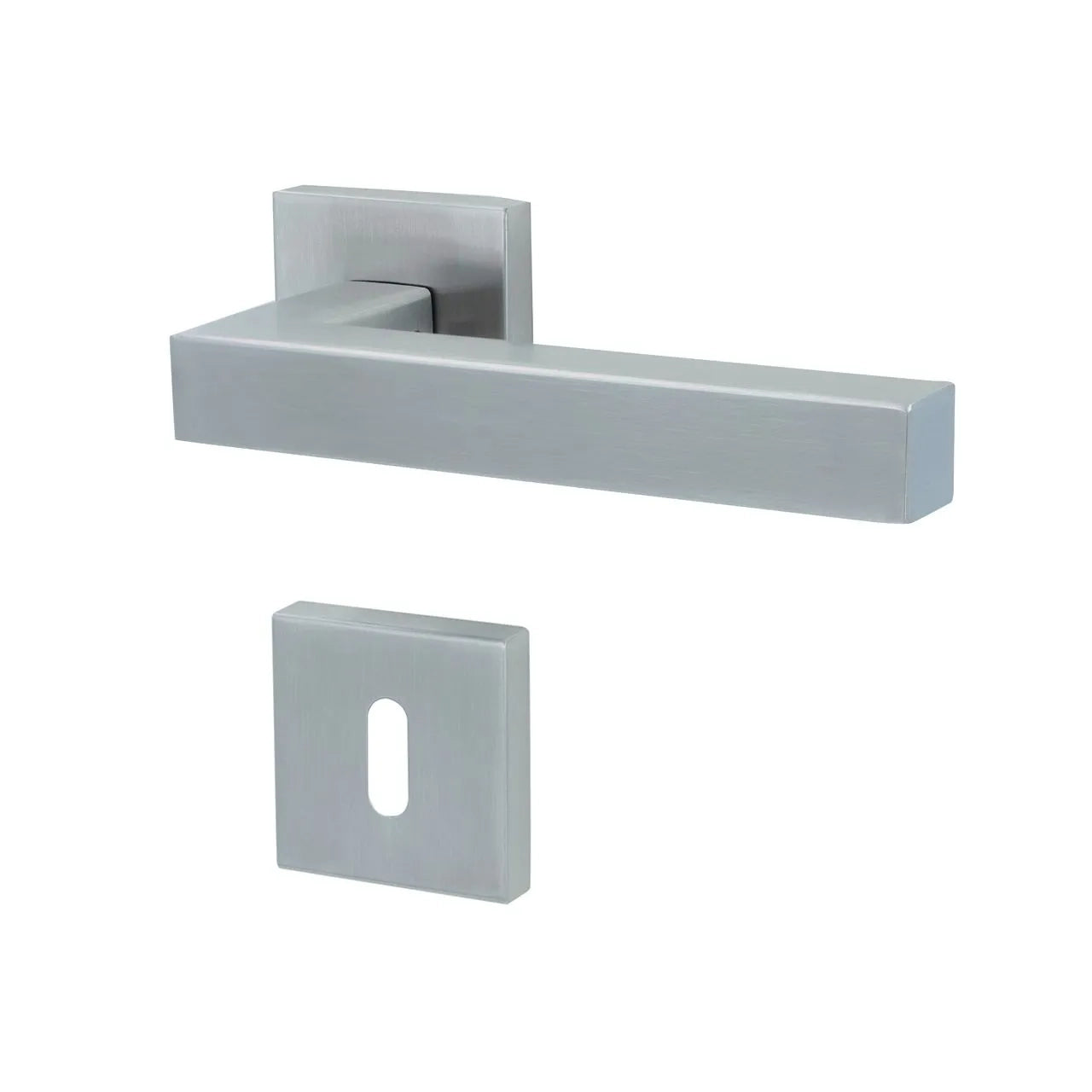 A modern square lever door handle in a brushed silver finish, shown with its matching square backplate on a plain white background.
