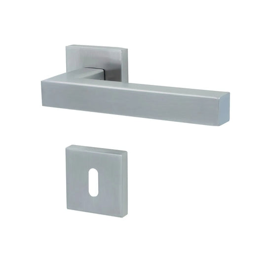 A modern square lever door handle in a brushed silver finish, shown with its matching square backplate on a plain white background.