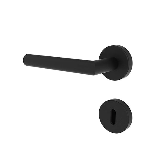 Black door handle and lock set on a white background