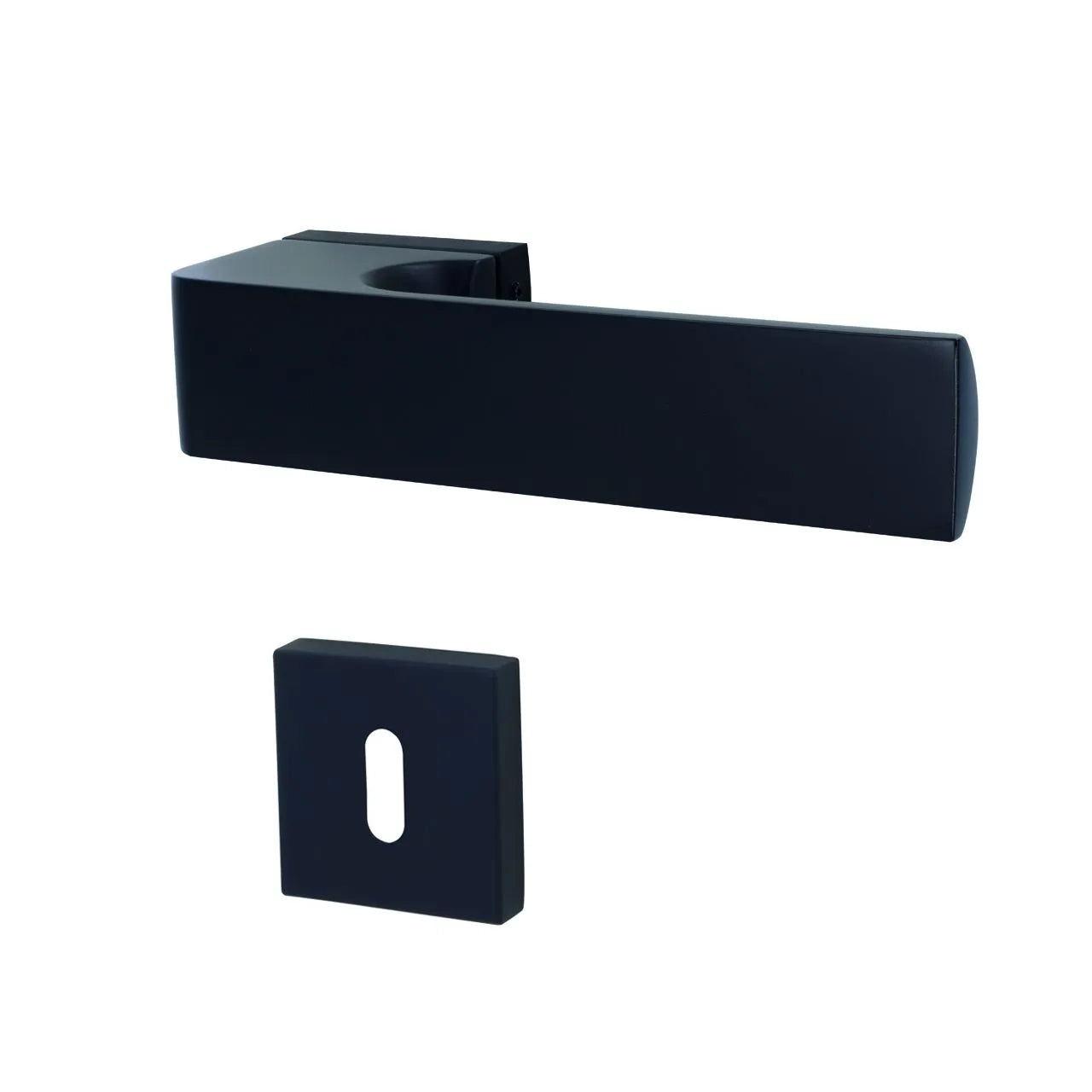 Matte black lever handle and matching square wall plate shown on a plain white background.