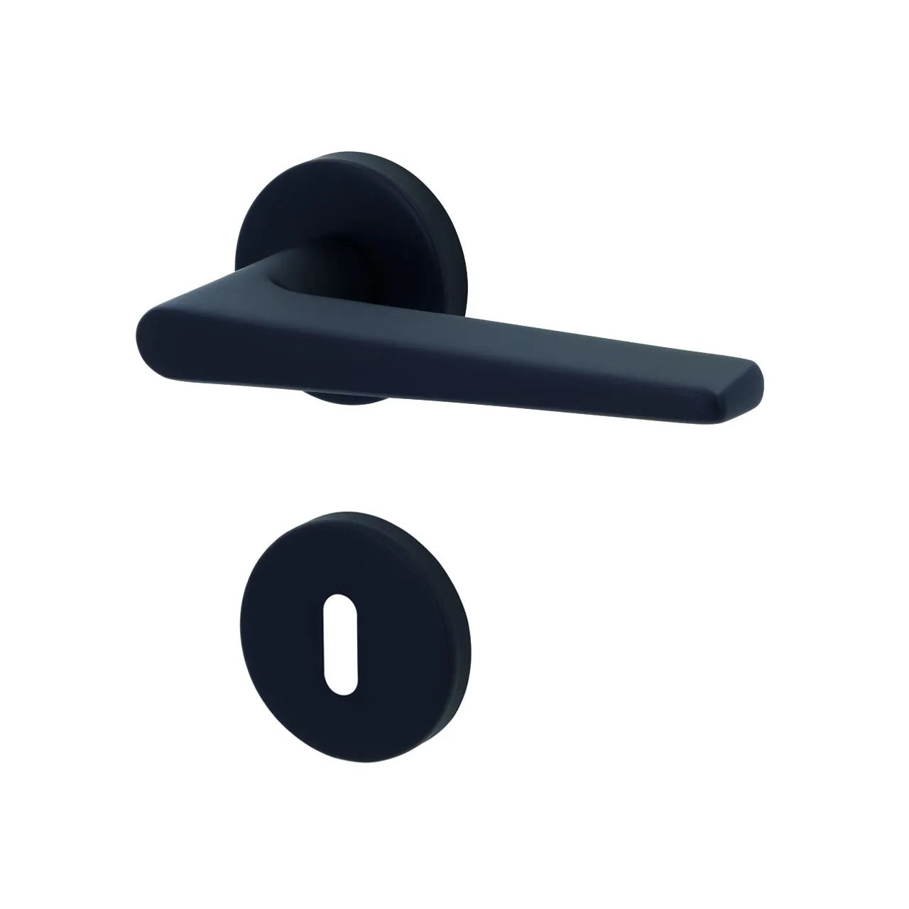 Matte black lever handle and matching round keyhole cover plate shown on a plain white background.