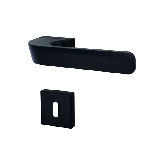 A matte black lever handle and matching square wall plate shown on a plain white background.