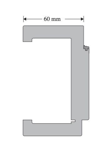 Technical profile diagram of a C-shaped channel or clip shown in gray on a white background, with a dimension label reading 60 mm above.