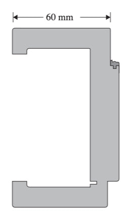 A gray technical cross-section diagram of a C-shaped profile or channel, with a dimension label reading 60 mm at the top.