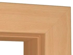 Close-up of a light natural wood frame corner showing the grain and beveled inner edge against a white background.