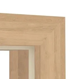Close-up of a light oak wood frame corner with visible wood grain and a white interior surround.