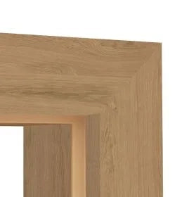 Close-up of a light oak wood frame corner showing the natural wood grain texture and a recessed opening.