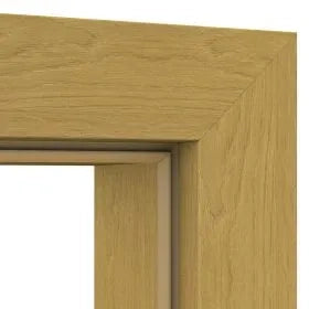 Close-up of a light oak wood frame corner showing the grain texture and beveled inner edge against a white background.