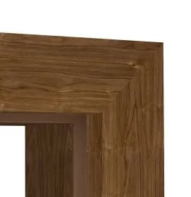 Close-up of a medium brown wooden frame corner showing the wood grain texture and beveled edges against a white background.