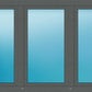 A three-pane sliding window or door frame in dark gray with translucent blue-tinted glass panels, shown against a plain white background.
