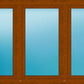 A three-pane sliding glass door or window frame in medium brown wood, with three vertical panels featuring blue-tinted glass.