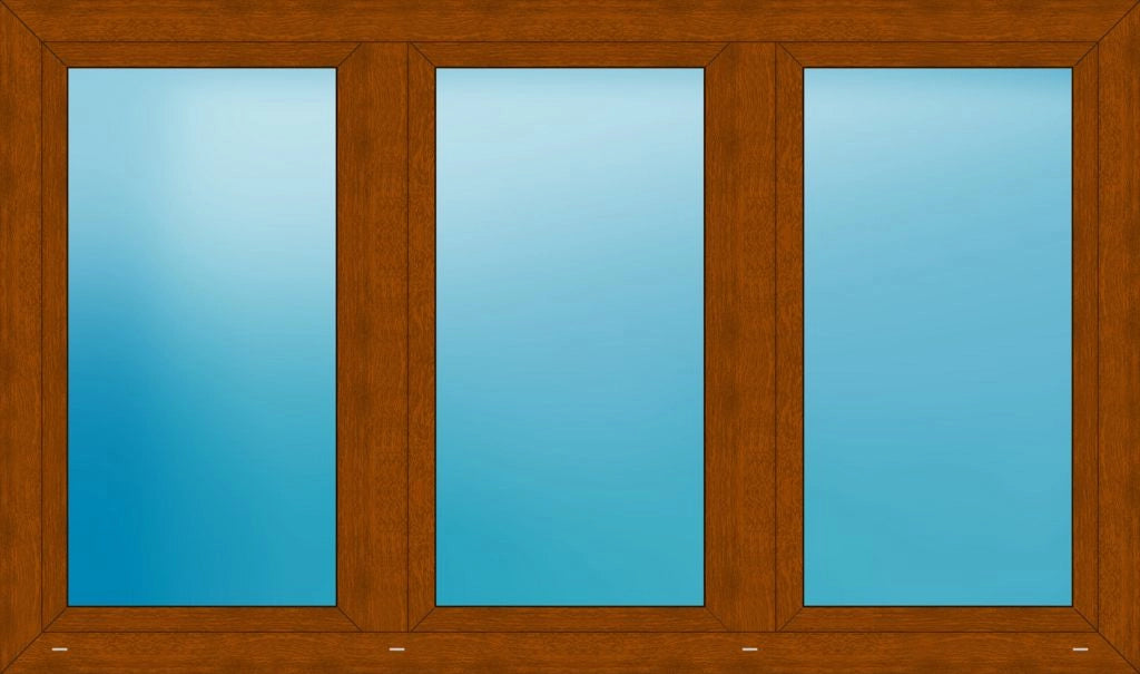 A three-pane sliding glass door or window frame in medium brown wood, with three vertical panels featuring blue-tinted glass.