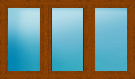 A three-pane sliding glass door or window frame in medium brown wood, with three vertical panels featuring blue-tinted glass.
