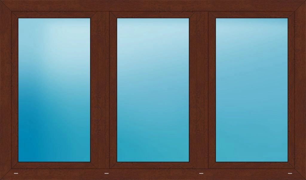 A three-pane window frame in a warm brown wood finish, with frosted or tinted blue glass panels in each section.