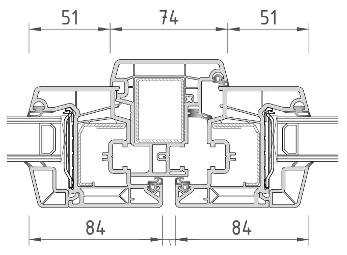 Technical cross-section dimension diagram of a window or door frame profile, showing measurements labeled 51, 74, 51, and 84.