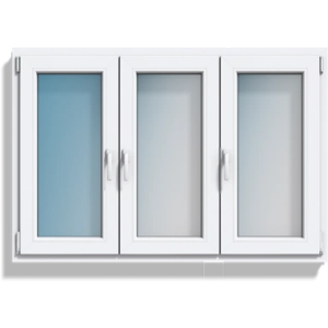 A white three-pane cabinet or wall-mounted display unit with frosted glass doors and small silver handles, shown against a plain white background.