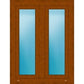 A double door product with a warm brown wood grain finish and two tall vertical blue-tinted glass panels, shown against a plain white background.