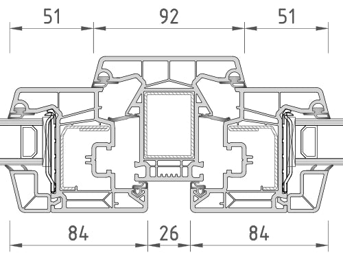 Technical cross-section dimension diagram of a window or door profile, showing measurements labeled 51, 92, 51, 84, 26, and 84.