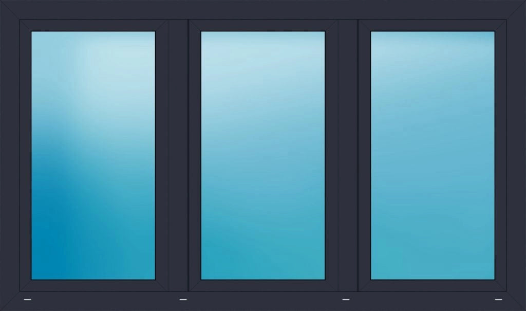 A three-pane sliding glass door or window frame in a very dark charcoal/black finish, with blue-tinted glass panels.