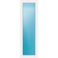 A tall, narrow white door with a large vertical rectangular blue-tinted glass panel in the center, shown against a plain white background.