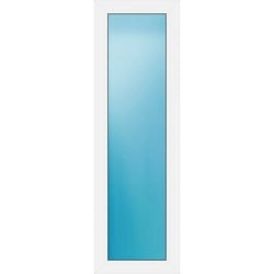A tall, narrow white door with a large vertical rectangular blue-tinted glass panel in the center, shown against a plain white background.