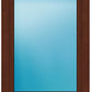A rectangular window frame in a medium brown wood finish, featuring a large clear glass pane that reflects a light blue sky.